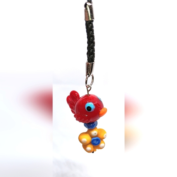 HANDMADE Red Cardinal & Yellow Flower Glass Beaded Phone Charm / Bag Charm - Picture 2 of 4